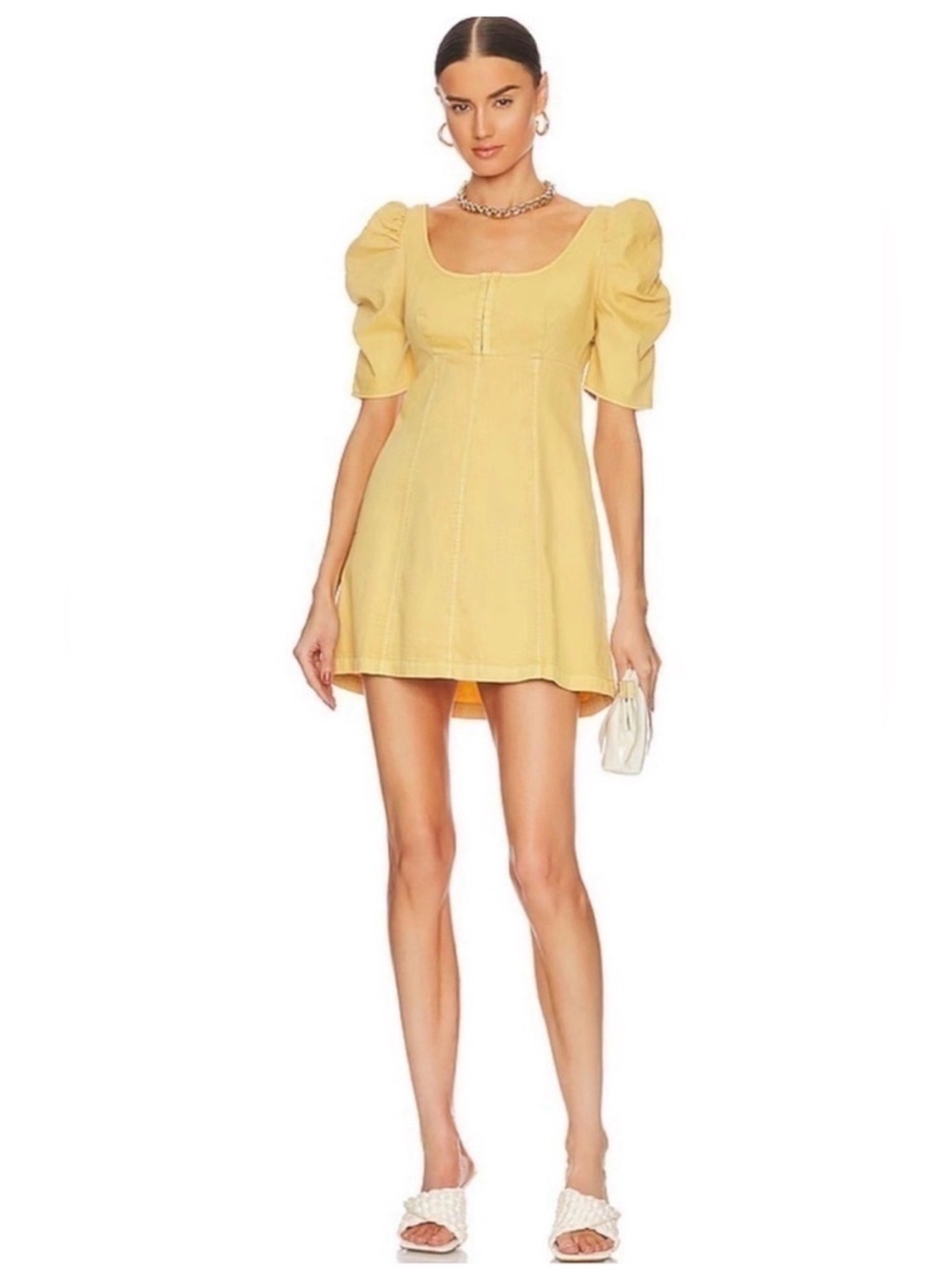 Free People Cheyenne Denim Mini Dress S Sand Dune Smocked Pockets Puffer Sleeve
